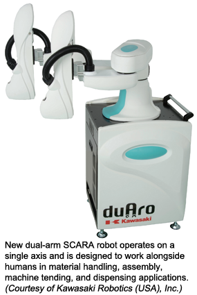 New dual-arm SCARA robot operates on a single axis and is designed to work alongside humans in material handling, assembly, machine tending, and dispensing applications. (Courtesy of Kawasaki Robotics (USA), Inc.)