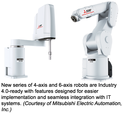 New series of 4-axis and 6-axis robots are Industry 4.0-ready with features designed for easier implementation and seamless integration with IT systems. (Courtesy of Mitsubishi Electric Automation, Inc.)