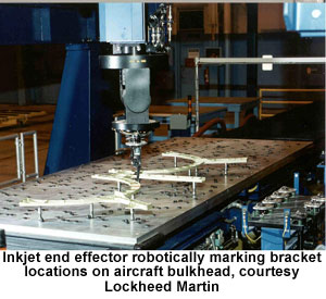 Inkjet end effector robotically marking bracket locations on aircraft bulkhead, courtesy Lockheed Martin