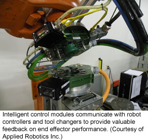 Applied-nextgen on robot 001.JPG] Intelligent control modules communicate with robot controllers and tool changers to provide valuable feedback on end effector performance (Courtesy of Applied Robotics Inc.)