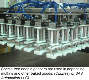 Specialized needle grippers are used in depanning muffins and other baked goods (Courtesy of SAS Automation LLC)