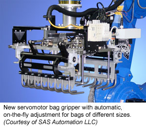 New servomotor bag gripper with automatic, on-the-fly adjustment for bags of different sizes (Courtesy of SAS Automation LLC)