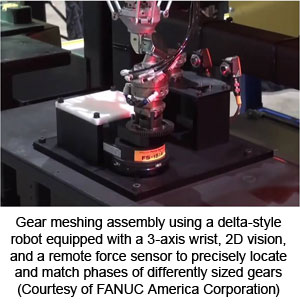 Gear meshing assembly using a delta-style robot equipped with a 3-axis wrist, 2D vision, and a remote force sensor to precisely locate and match phases of differently sized gears (Courtesy of FANUC America Corporation)