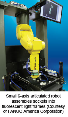 Small 6-axis articulated robot assembles sockets into fluorescent light frames (Courtesy of FANUC America Corporation)