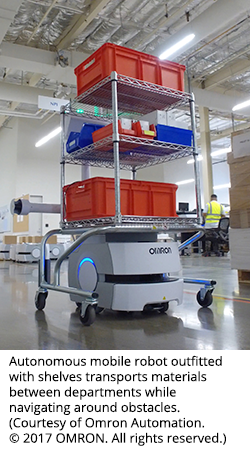 Autonomous mobile robot outfitted with shelves transports materials between departments while navigating around obstacles. (Courtesy of Omron Automation. © 2017 OMRON. All rights reserved.)