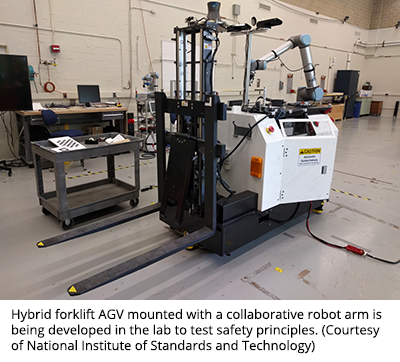 Hybrid forklift AGV mounted with a collaborative robot arm is developed in the lab to test safety principles. (Courtesy of National Institute of Standards and Technology)