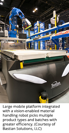 Large mobile platform integrated with a vision-enabled material handling robot picks multiple product types and batches with greater efficiency. (Courtesy of Bastian Solutions, LLC)