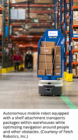 Autonomous mobile robot equipped with a shelf attachment transports packages within warehouses while optimizing navigation around people and other obstacles. (Courtesy of Fetch Robotics, Inc.)