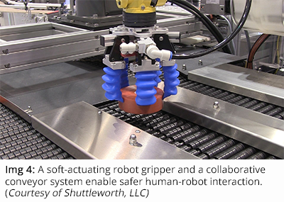 A soft-actuating robot gripper and a collaborative conveyor system enable safer human-robot interaction. (Courtesy of Shuttleworth, LLC)