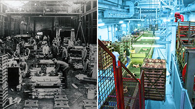 The foundry in Lohr am Main around 90 years ago and today (image source: Bosch Rexroth). 