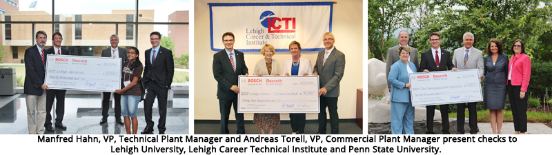 : Manfred Hahn, VP, Technical Plant Manager and Andreas Torell, VP, Commercial Plant Manager present checks to Lehigh University, Lehigh Career Technical Institute and Penn State University. 