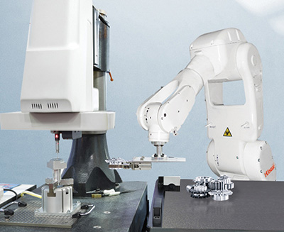 The PickBot from Chicago Electric features Solomon random bin-picking technology plus a second camera to help refine the position of the part in the gripper for precision machining.  