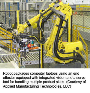 Robot packages computer laptops using an end effector equipped with integrated vision and a servo tool for handling multiple product sizes. (Courtesy of Applied Manufacturing Technologies, LLC)