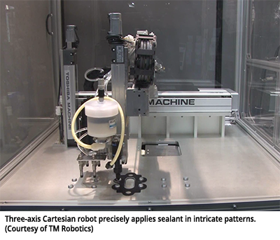 Three-axis Cartesian robot precisely applies sealant in intricate patterns. (Courtesy of TM Robotics)