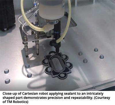Close-up of Cartesian robot applying sealant to an intricately shaped part demonstrates precision and repeatability. (Courtesy of TM Robotics)