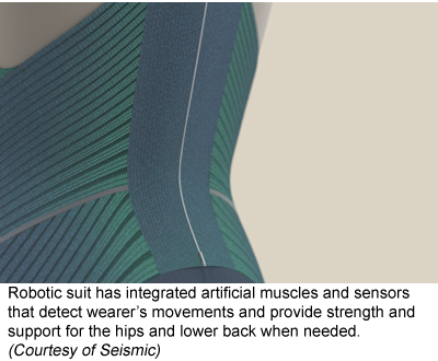 Robotic suit has integrated artificial muscles and sensors that detect wearer’s movements and provide strength and support for the hips and lower back when needed. (Courtesy of Seismic)