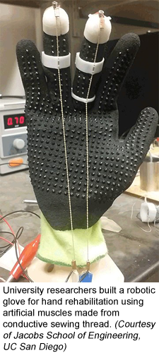 University researchers built a robotic glove for hand rehabilitation using artificial muscles made from conductive sewing thread. (Courtesy of Jacobs School of Engineering, UC San Diego)