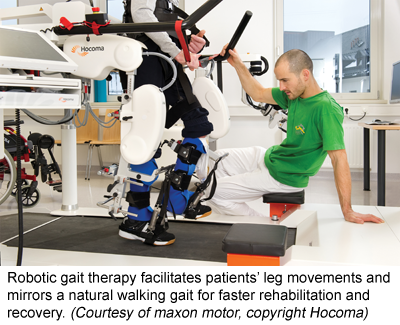 Robotic gait therapy facilitates patients’ leg movements and mirrors a natural walking gait for faster rehabilitation and recovery. (Courtesy of maxon motor, copyright Hocoma)