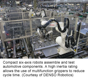 Compact six-axis robots assemble and test automotive components. A high inertia rating allows the use of multifunction grippers to reduce cycle time. (Courtesy of DENSO Robotics)
