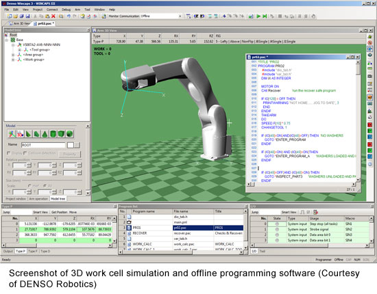 Screenshot of 3D work cell simulation and offline programming software (Courtesy of DENSO Robotics)
