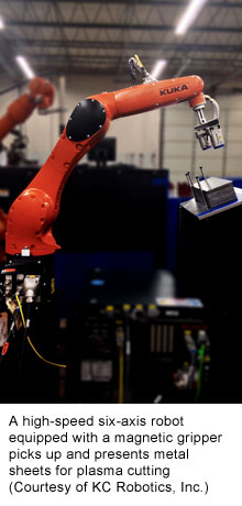 A high-speed six-axis robot equipped with a magnetic gripper picks up and presents metal sheets for plasma cutting (Courtesy of KC Robotics, Inc.)