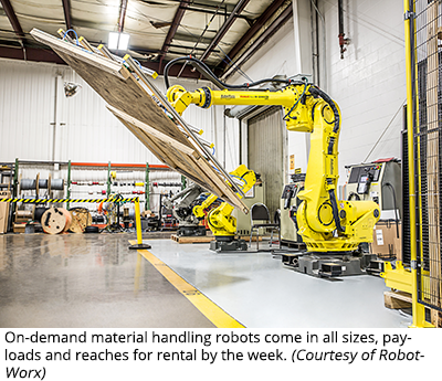 On-demand material handling robots come in all sizes, payloads and reaches for rental by the week. (Courtesy of RobotWorx)