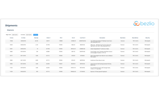 Shipments history via Bezlio's portal