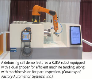 A deburring cell demo features a KUKA robot equipped with a dual gripper for efficient machine tending, along with machine vision for part inspection (Courtesy of Factory Automation Systems, Inc.)