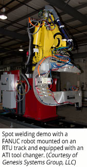 Spot welding demo with a FANUC robot mounted on an RTU track and equipped with an ATI tool changer (Courtesy of Genesis Systems Group, LLC)