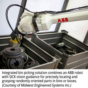 Integrated bin picking solution combines an ABB robot with SICK vision guidance for precisely locating and grasping randomly oriented parts in bins or boxes (Courtesy of Midwest Engineered Systems Inc.)