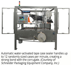 Automatic water-activated tape case sealer handles up to 12 randomly sized cases per minute, creating a strong bond with the corrugate (Courtesy of Schneider Packaging Equipment Company, Inc.)