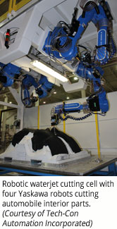 Robotic waterjet cutting cell with four Yaskawa robots cutting automobile interior parts (Courtesy of Tech-Con Automation Incorporated)