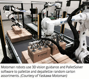 Motoman robots use 3D vision guidance and PalletSolver software to palletize and depalletize random carton assortments (Courtesy of Yaskawa Motoman)