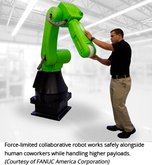 Force-limited collaborative robot works safely alongside human coworkers while handling higher payloads. (Courtesy of FANUC America Corporation)