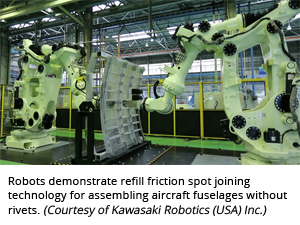 Robots demonstrate refill friction spot joining technology for assembling aircraft fuselages without rivets. (Courtesy of Kawasaki Robotics (USA) Inc.)