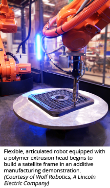 Flexible, articulated robot equipped with a polymer extrusion head begins to build a satellite frame in an additive manufacturing demonstration.  (Courtesy of Wolf Robotics, A Lincoln Electric Company)