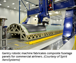Gantry robotic machine fabricates composite fuselage panels for commercial airliners. (Courtesy of Spirit AeroSystems)