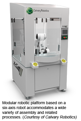 Modular robotic platform based on a six-axis robot accommodates a wide variety of assembly and related processes. (Courtesy of Calvary Robotics)