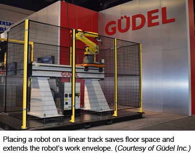 Placing a robot on a linear track saves floor space and extends the robot’s work envelope. (Courtesy of Güdel Inc.)