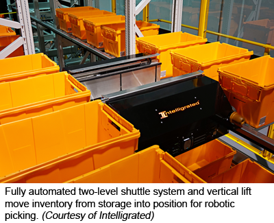 Fully automated two-level shuttle system and vertical lift move inventory from storage into position for robotic picking. (Courtesy of Intelligrated)