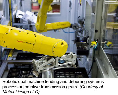Robotic dual machine tending and deburring systems process automotive transmission gears. (Courtesy of Matrix Design LLC)