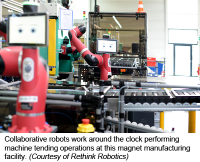 Collaborative robots work around the clock performing machine tending operations at this magnet manufacturing facility. (Courtesy of Rethink Robotics)