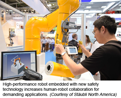 High-performance robot embedded with new safety technology increases human-robot collaboration for demanding applications. (Courtesy of Stäubli North America)