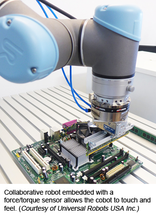 Collaborative robot embedded with a force/torque sensor allows the cobot to touch and feel. (Courtesy of Universal Robots USA Inc.)