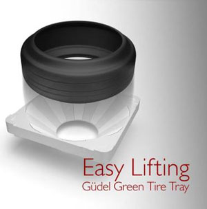 Gudel Green Tire Tray titls at 45-degrees for optimum storage with no loss of quality.