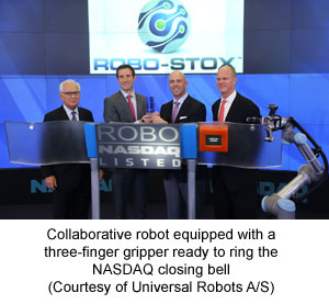 Collaborative robot equipped with a three-finger gripper ready to ring the NASDAQ closing bell (Courtesy of Universal Robots A/S)