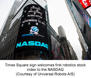 Times Square sign welcomes first robotics stock index to the NASDAQ (Courtesy of Universal Robots A/S)