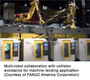 Multi-robot collaboration with collision avoidance for machine tending application (Courtesy of FANUC America Corporation)