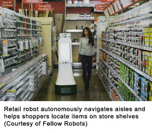 Retail robot autonomously navigates aisles and helps shoppers locate items on store shelves (Courtesy of Fellow Robots)