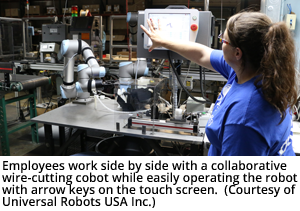 Employees work side by side with a collaborative wire-cutting cobot while easily operating the robot with arrow keys on the touch screen.  (Courtesy of Universal Robots USA Inc.)